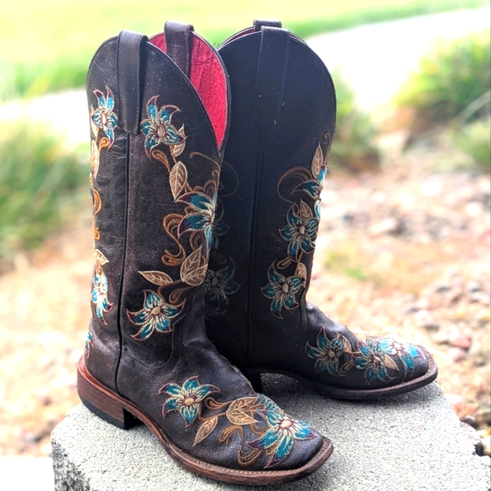 MACIE BEAN M9034 Glitterific brown leather floral embroidery cowgirl boots sz 6 - Picture 2 of 16